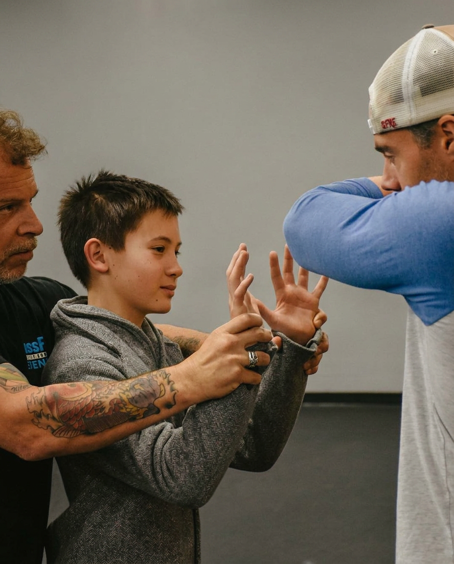 Tony Blauer showing a twelve-year-old boy and his father where to place their hands in a non-violent posture before deploying the SPEAR