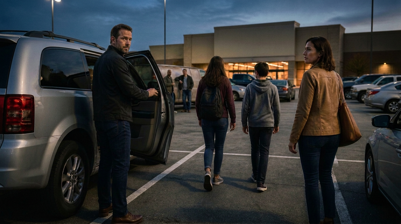 A husband, wife and their two kids getting out of the car in a parking lot at the end of the day
